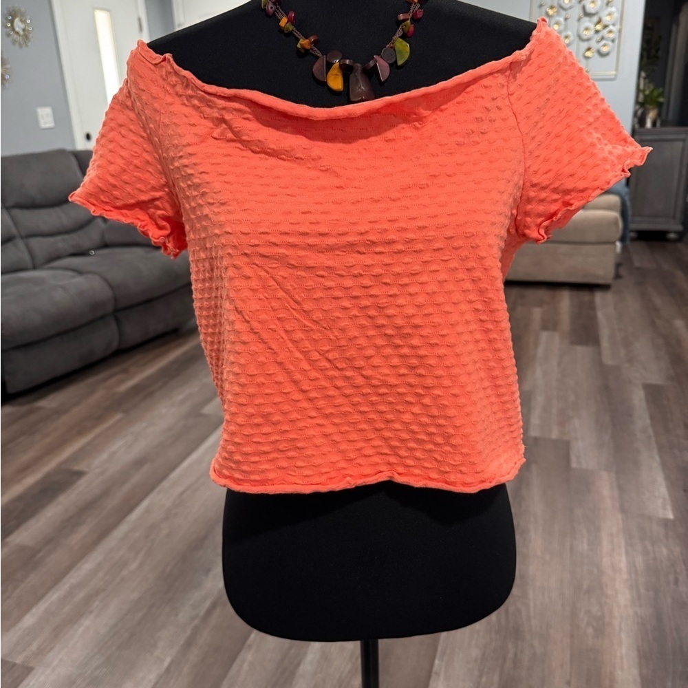 BP Vibrant Orange Textured Off-Shoulder Top